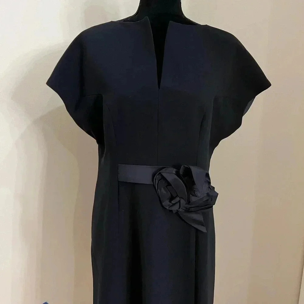 Boutique Women’s Navy Blue Fitted Short Sleeve Sheath‎ Dress Floral Belt XL - Picture 2 of 5